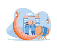 Muslim people congratulate Eid al Fitr in front of the mosque. Background of the crescent moon, lanterns and drum. Happy Eid Mubarak concept. flat vector modern illustration