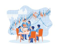 The boss and marketing team are having a meeting in the modern office. Analyze business financial reports using computers and graphic documents. Business analysis concept. Flat vector illustration.