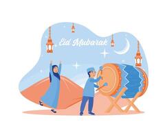 Muslim children perform takbiran on the eve of Eid al Fitr. The boys beat drums. Happy Eid Mubarak concept. flat vector modern illustration