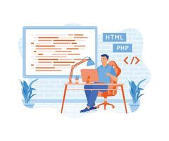 Man developing mobile applications on the computer. The screen displays computer script coding. APP devs concept. flat vector modern illustration