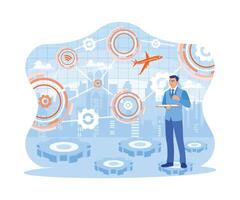 Businessman using tablet with digital business interface. Standing against the backdrop of city views and business icons. Concept of hi-tech and communication. vector