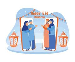 musulmán familia celebra eid Alabama fitr felizmente. pedir disculpas a cada otro terminado el teléfono porque de el largo distancia. contento eid Mubarak concepto. plano vector moderno ilustración