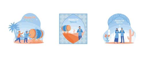 Takbiran children welcome Eid al Fitr. Happy Muslim man welcoming Eid al Fitr. Happy Eid Mubarak concept. Set flat vector illustration