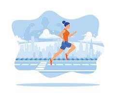 Women are exercising and running on city streets with a view of urban buildings. Fitness people. Self-improvement concept. Flat vector illustration.