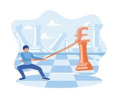 Man draws pound currency symbol on chess board. Chess icon and clouds in the sky as background. Finance control scenes concept. Flat vector illustration.