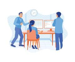 The manager and team of programmers work on two computers. Develop programming and coding technology. Software developers concept. flat vector modern illustration