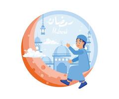 musulmán chico sentado en el creciente Luna. contento a Bienvenido el viniendo mes de Ramadán. Ramadán kareem concepto. plano vector moderno ilustración