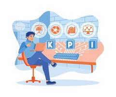 Young man using business internet technology concept on laptop. Smart KPI concept. flat vector modern illustration