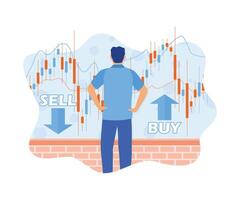 Man analyzes the stock market. Determine buying and selling options on the virtual screen. Stock Trading concept. flat vector modern illustration