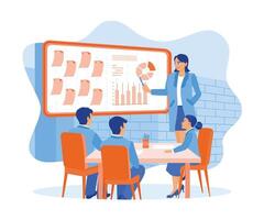 Female manager leading meeting in office. Discuss and plan business developments with on-screen graphs. Teamwork meeting concept. Flat vector illustration.
