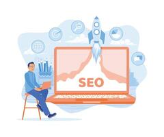 hombre, optimizar el seo buscar motor utilizando un ordenador portátil. el seo cohete icono aparece en el ordenador portátil pantalla. seo concepto. plano vector ilustración.