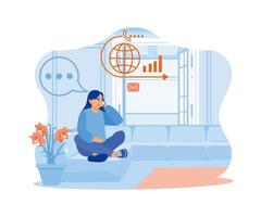 A young woman is smiling while receiving a phone call. Enjoying conversation while sitting on the living room sofa. Woman with phone calling to customer support service concept. vector