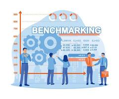 The business team and colleagues analyze stock market developments on a virtual screen. Work together on a new project. Benchmarking concept. flat vector modern illustration