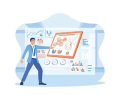 Businessmen are making online marketing plans and strategies on digital tablet screens. The man is standing with a marketing graphic background on a virtual screen. Digital Marketing Content concept. vector