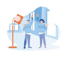 Young couples using virtual glasses, making hand gestures, and using VR technology. Virtual Relationships concept. Flat vector illustration.
