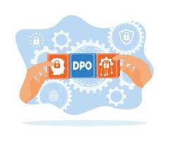 mano participación vistoso bloques y dpo iconos proteccion de empleado personal datos. general reglas para datos proteccion gdpr concepto. plano vector moderno ilustración