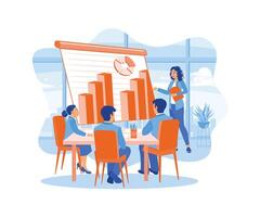 A female leader using a flip board discusses a revolutionary technology product during a presentation. Business analysis concept. Flat vector illustration.