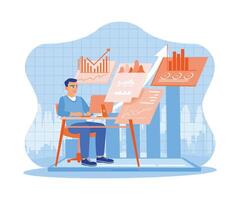 Man sitting in workspace in modern office. Working before a computer with charts, graphs, and office financial data. Finance and innovation concept. trend flat vector modern illustration