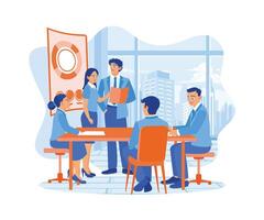 CEO y negocio equipo participación presentación en el reunión habitación. negocio personas en oficina lugar de trabajo concepto. plano vector ilustración.