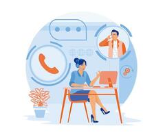 A young woman using a headset is sitting in front of the computer. Accepting consultations from male clients. Woman with phone calling to customer support service concept. vector