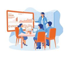 A female chief analyst is holding a presentation with a team of economists in the office using a projector screen. Business analysis concept. Flat vector illustration.