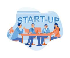 Business team having a meeting in office. Discussing start-ups and working together in the boardroom. Team of people sitting at desks with laptops concept. Flat vector illustration.