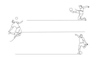 Continuous line drawing of football player jump and fly to kicking ball. Single one line art of young man playing soccer ball vector