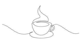 taza continuo línea Arte. café o té taza uno línea dibujo. caliente bebida con vapor vector