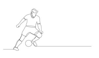 Continuous line drawing of football player jump and fly to kicking ball. Single one line art of young man playing soccer ball vector