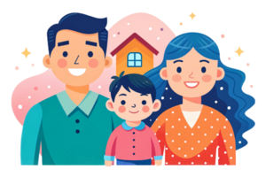 AI generated happy family cartoon, father mother son, paper art style png
