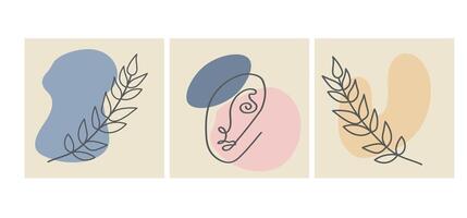 Various faces, leaves and abstract shapes. Contemporary vector illustrations on color backgrouds. Line, minimalistic elegant concept. Perfect for social media, cards, postcards.