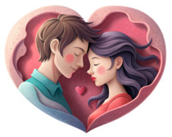 ai generado hermosa joven Pareja , soñando de su futuro, corazón fondo, papel Arte estilo. png