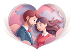 ai généré magnifique Jeune couple , rêver de leur avenir, cœur arrière-plan, papier art style. png