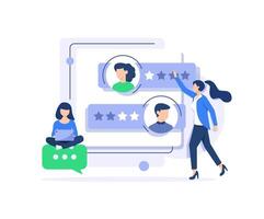 Customer feedback scene,Characters giving review to customer service operator and writing comments vector