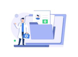 Doctor in hospital reading patient EMRs. Electronic health record and online medical services concept vector