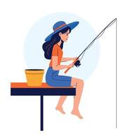 Woman Enjoy Fishing Activity Flat Style vector