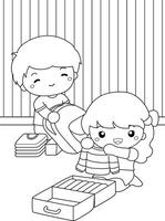 Cute and Happy Kids Prepare Packing for Vacation Holiday Trip Cartoon Coloring Activity for Kids and Adult vector