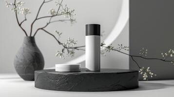 AI generated Elegant skin care product on a sleek black podium, contrasting with a stark white background, highlighting the product's premium quality in a minimalist fashion photo