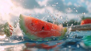 AI generated Watermelon splashing in the water. Close-up of a watermelon in the water. photo