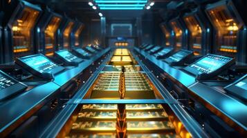 AI generated Innovative bank vault scene, gold bars arranged on automated conveyor for inventory, surrounded by touch-screen operated security systems, cool blue and gold lighting photo