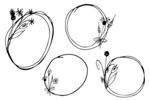 Ink hand drawn circle frames with wildflowers. Wedding, cards, logos, design, tags vector