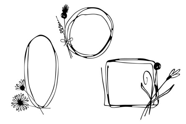 Ink hand drawn frames with wildflowers. Wedding, cards, logos, design, tags