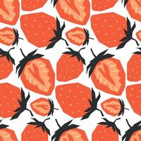 Seamless pattern with ripe red strawberry and half. Background, wrapping paper. Applique style drawing vector