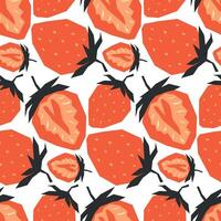 Seamless pattern with ripe red strawberry and half. Background, wrapping paper. Applique style drawing vector