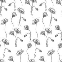 Seamless botanical pattern with hand drawn chamomile flowers on white. Wrapping paper with daisy. vector