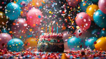 AI generated Birthday cake with burning candle, confetti and balloons on background photo