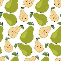 Seamless pattern with ripe green pears and halves. Background, wrapping paper. Applique style drawing vector