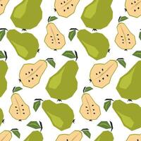 Seamless pattern with ripe green pears and halves. Background, wrapping paper. Applique style drawing vector