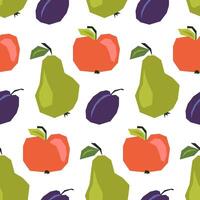 Seamless pattern with ripe pears, plums, apples on white. Background, wrapping paper. Applique style drawing vector