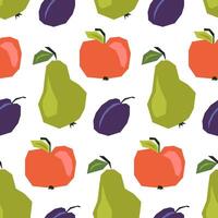 Seamless pattern with ripe pears, plums, apples on white. Background, wrapping paper. Applique style drawing vector